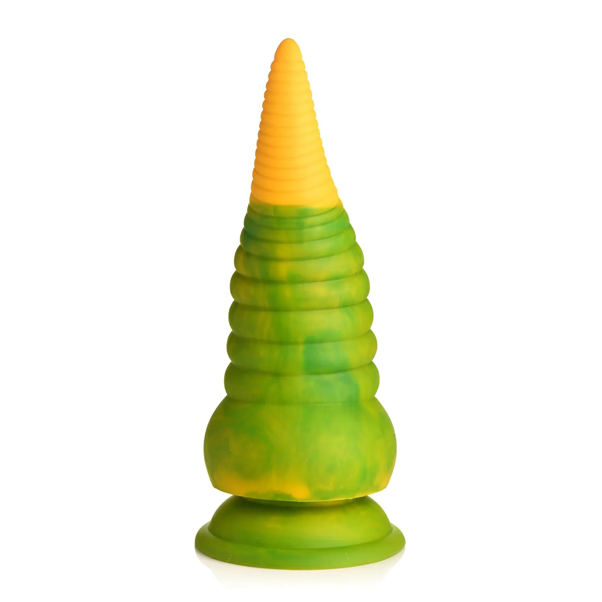 Creature cocks monstropus 2.0 vibrant green and yellow ribbed silicone dildo with conical shape and vibrating tentacle design