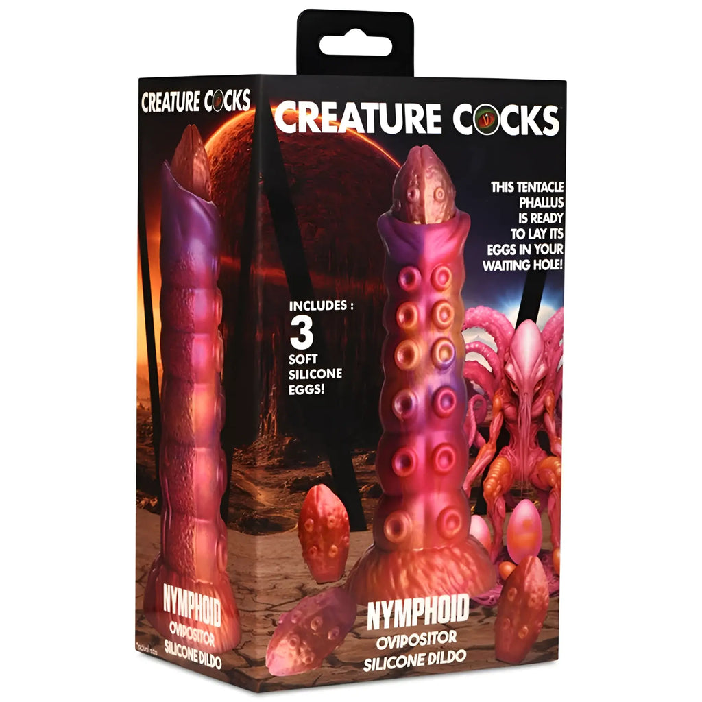 Creature cocks nymphoid ovipositor silicone dildo with vibrant pink and purple tentacle-like ridged shaft
