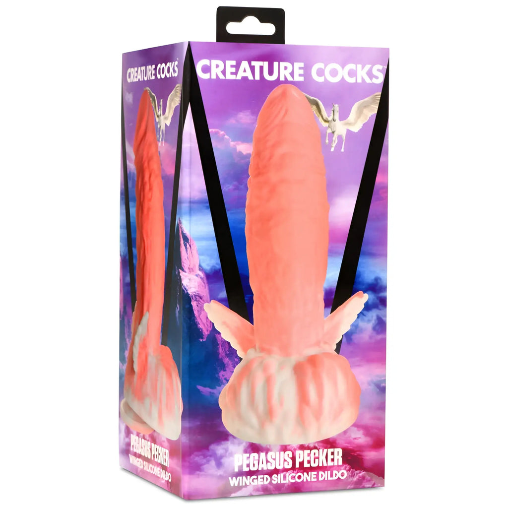 Creature Cocks Pegasus Pecker winged silicone dildo in peach color with smooth texture and sculpted base and wings