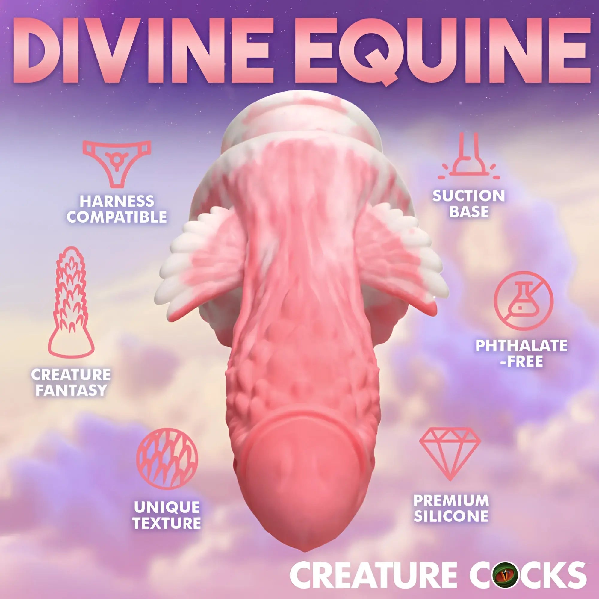 Pink phthalate-free premium silicone creature cock with suction base and harness-compatible design from creature cocks Pegasus Pecker