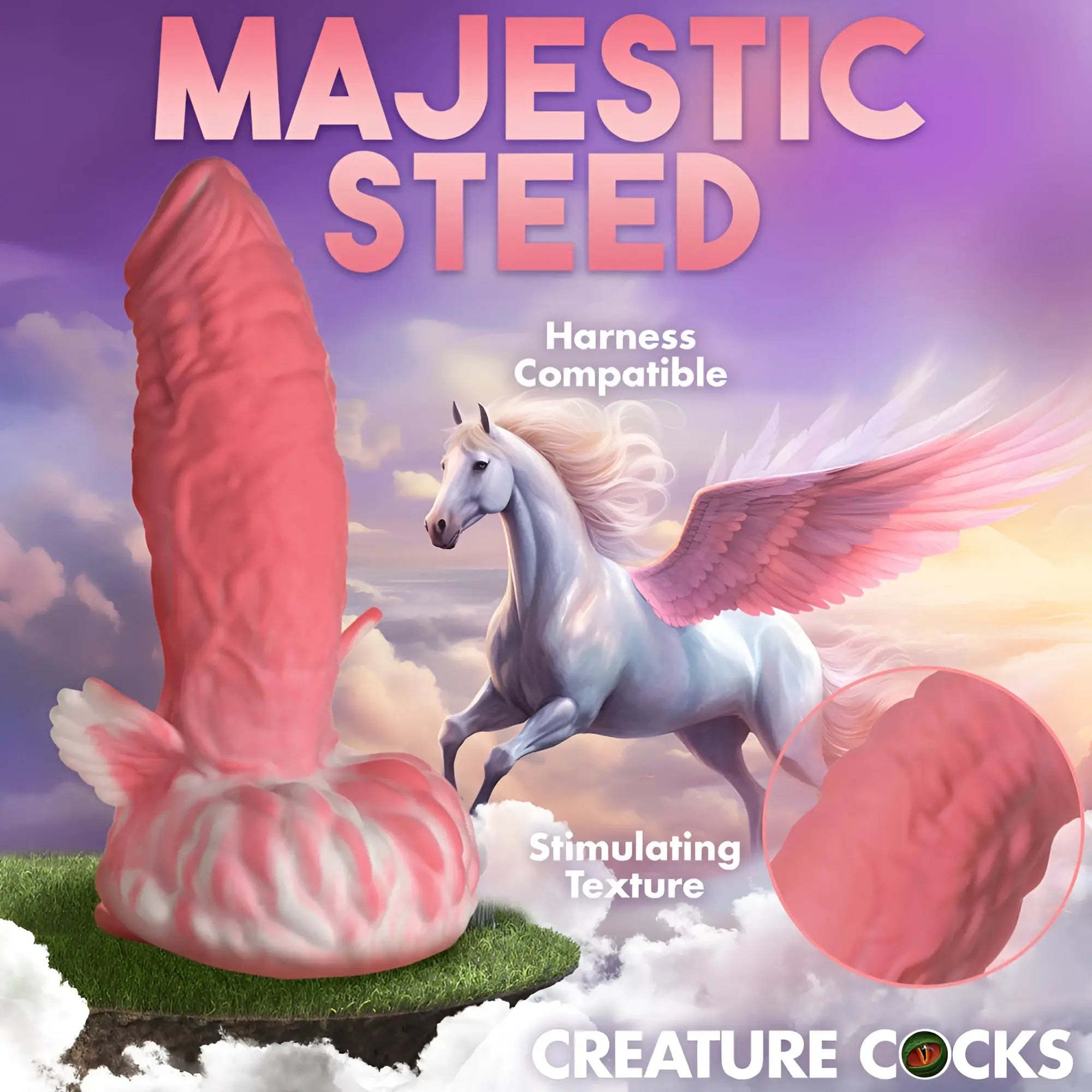 Pink textured silicone dildo shaped like a phallus with a winged horse in the background from Creature Cocks Pegasus Pecker