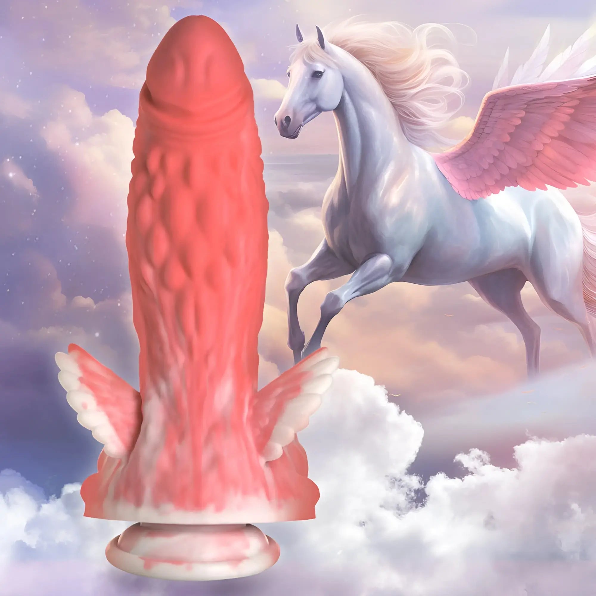 Pink winged silicone dildo with textured surface and white base from Creature Cocks Pegasus Pecker collection