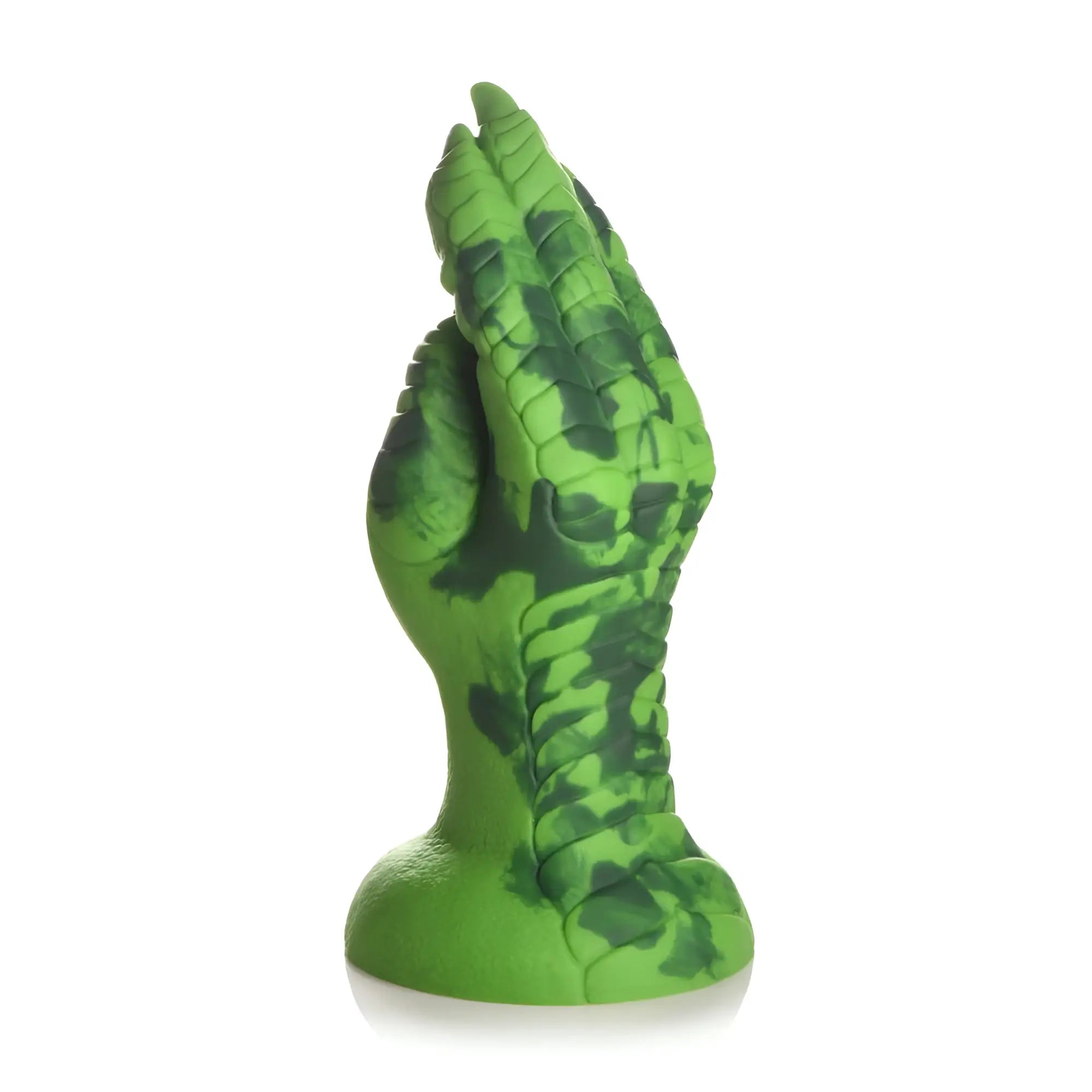 Green and dark green silicone dildo with reptilian textured scales shaped like a raptor claw for fisting