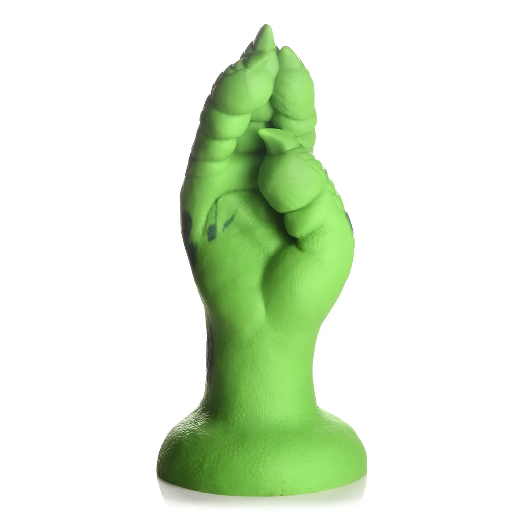 Vibrant green silicone dildo with sculpted raptor claw fingers and solid base for fisting use