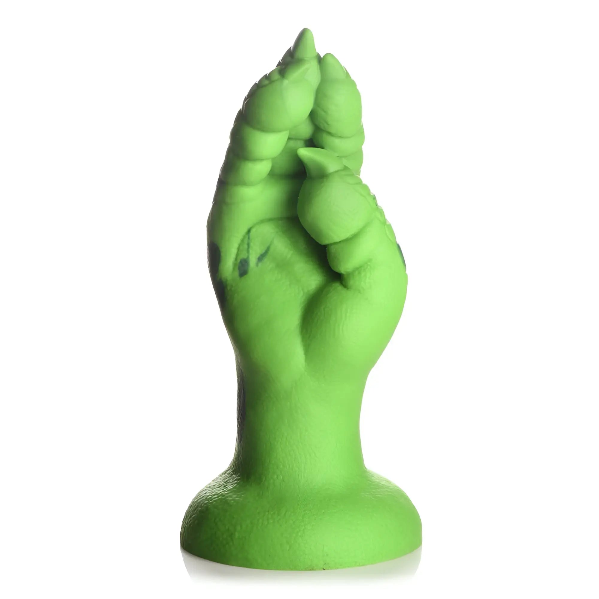 Vibrant green silicone dildo with sculpted raptor claw fingers and solid base for fisting use