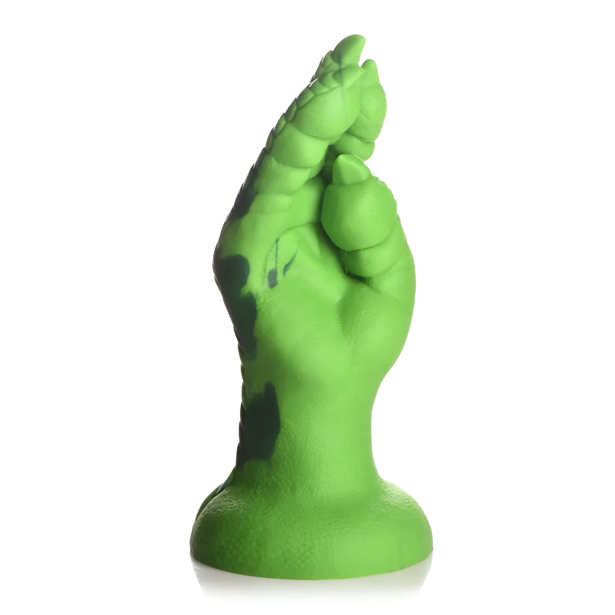 Vibrant green silicone dildo sculpted as a reptilian raptor claw with textured scales and dark green accents