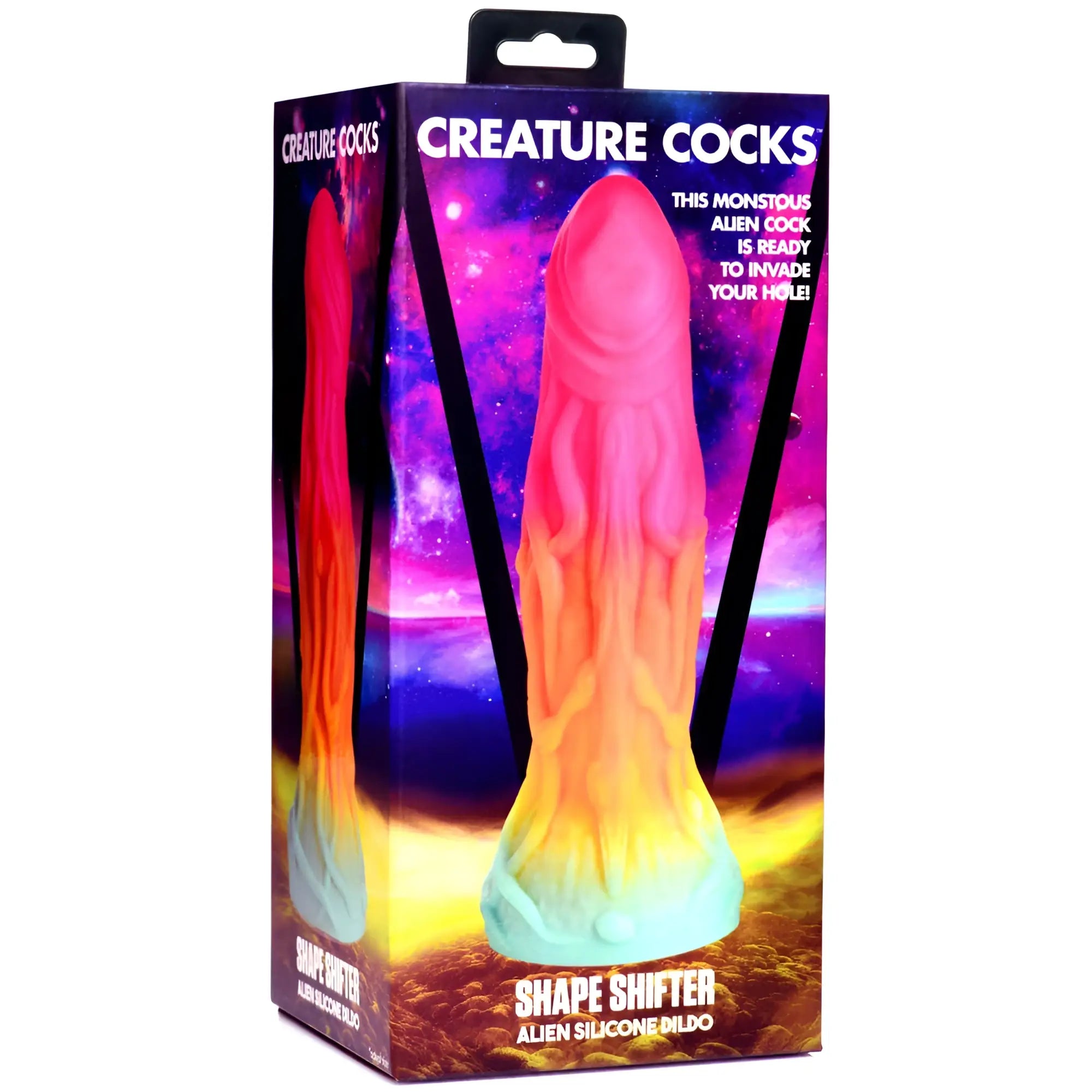 Pink and orange gradient silicone alien dildo with textured tapered design from Creature Cocks Shape Shifter series