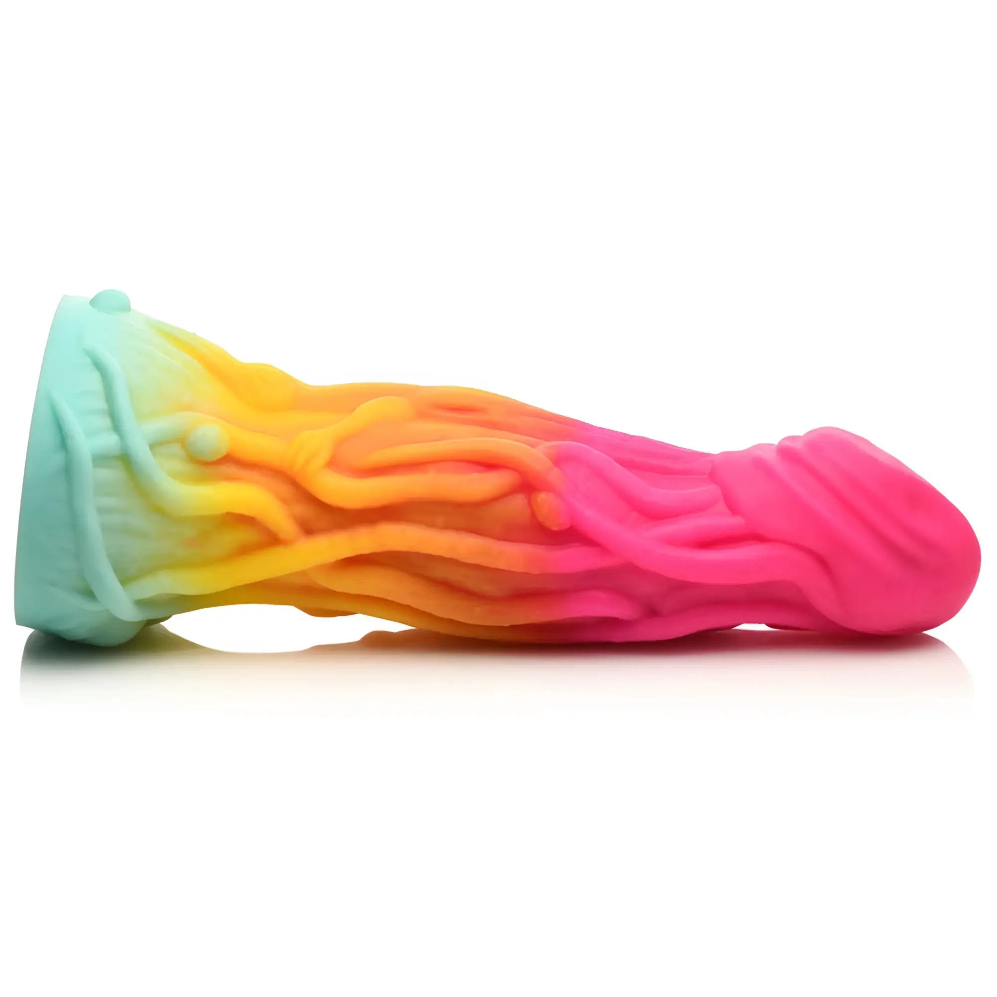 Creature cocks shape shifter alien silicone dildo with a rainbow gradient teal to pink and textured wavy surface details