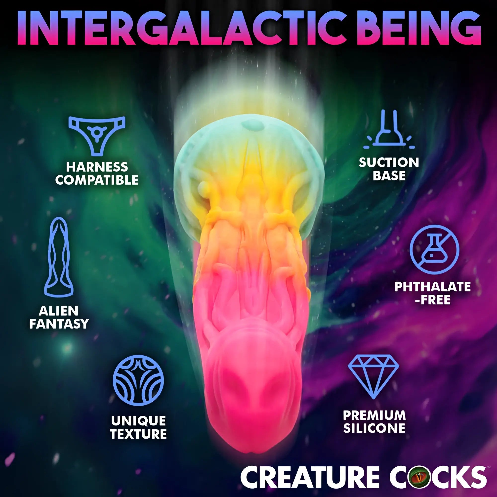 Rainbow-colored premium silicone alien dildo with suction base and harness compatibility phthalate-free