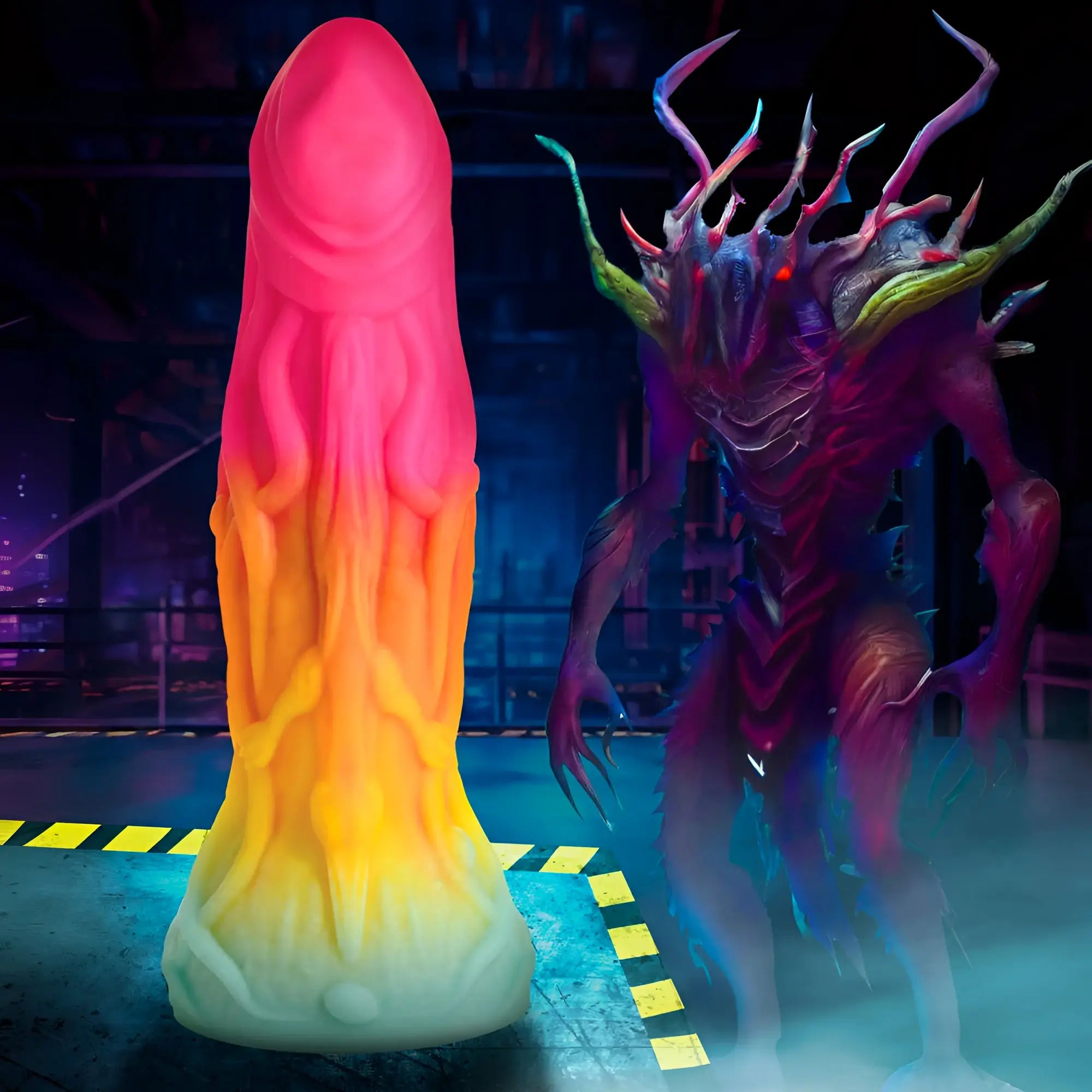 A vibrant gradient silicone dildo with a smooth glossy finish transitioning from pink to orange and yellow by creature cocks