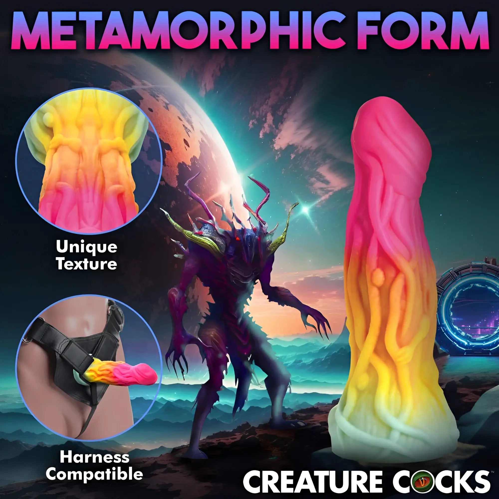 A vibrant pink and yellow gradient silicone dildo with a textured surface designed for harness compatibility