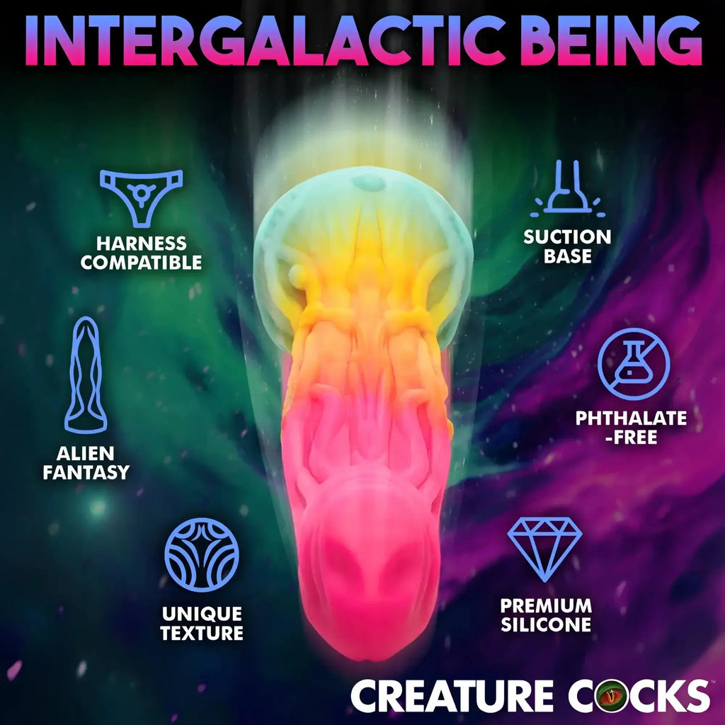 Rainbow-colored premium silicone alien dildo with suction base and harness compatibility phthalate-free