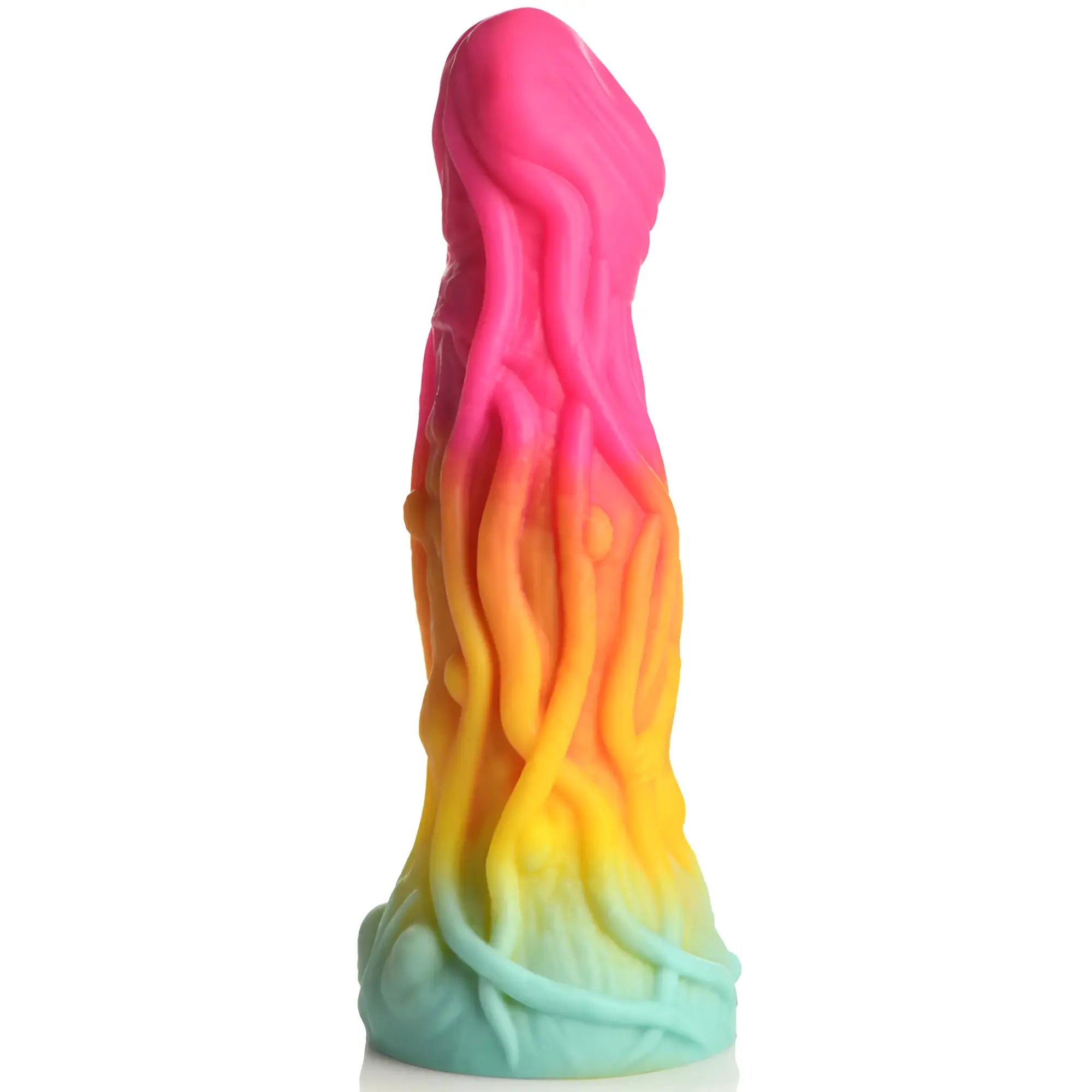 Vibrant rainbow gradient Creature Cocks Shape Shifter silicone dildo with wavy textured surface and tapered base