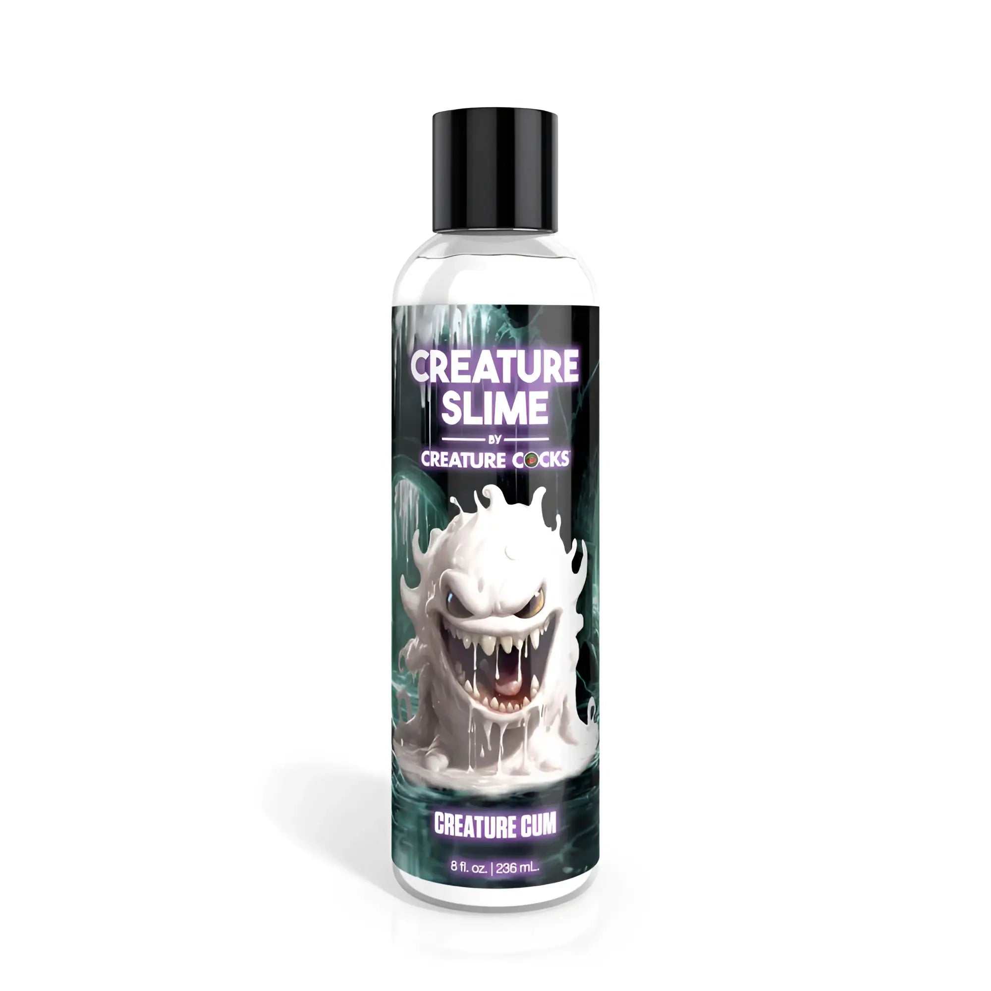 Clear plastic bottle with black cap of Creature Cocks Creature Slime unscented lubricant featuring white monster design