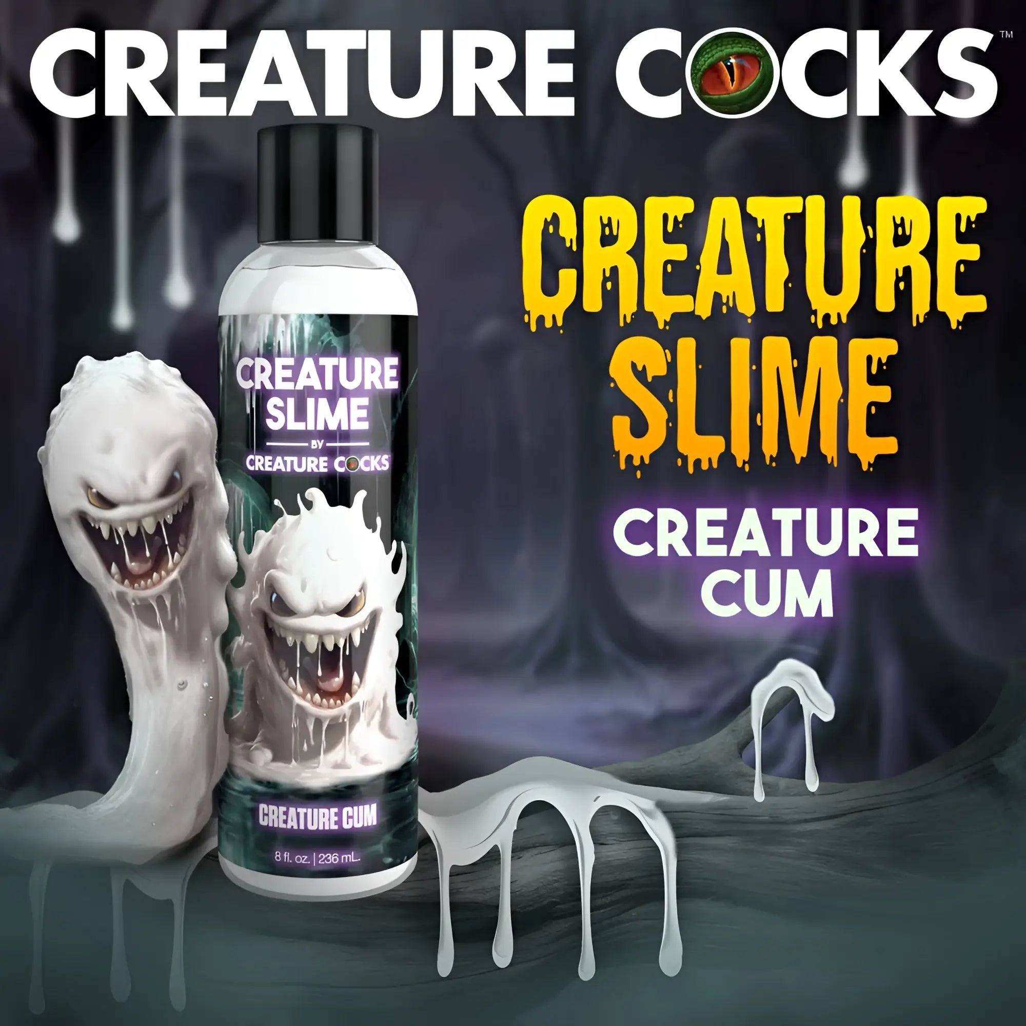Clear plastic bottle of creature cocks creature slime unscented jizz lubricant with black cap and white monster label