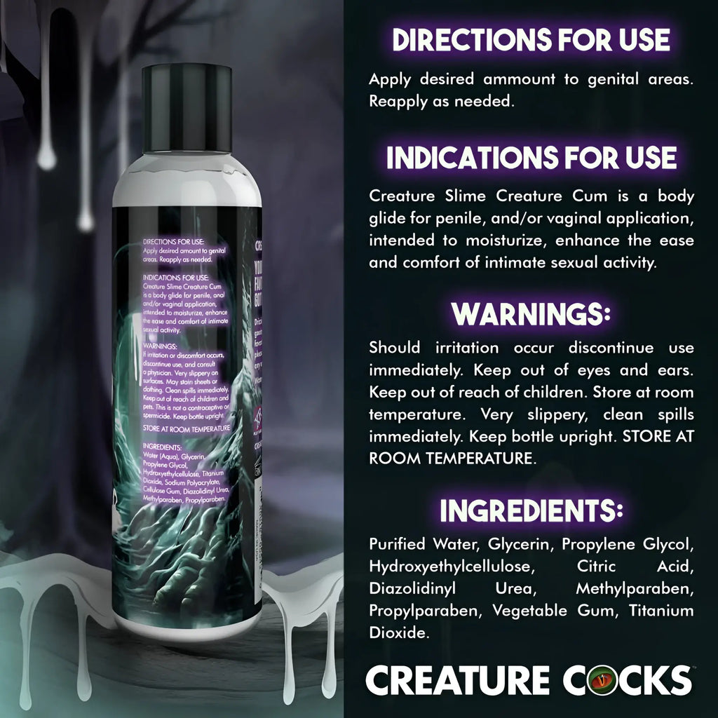 Clear plastic bottle with black cap and dark green creature design label of Creature Cocks unscented lubricant 8oz