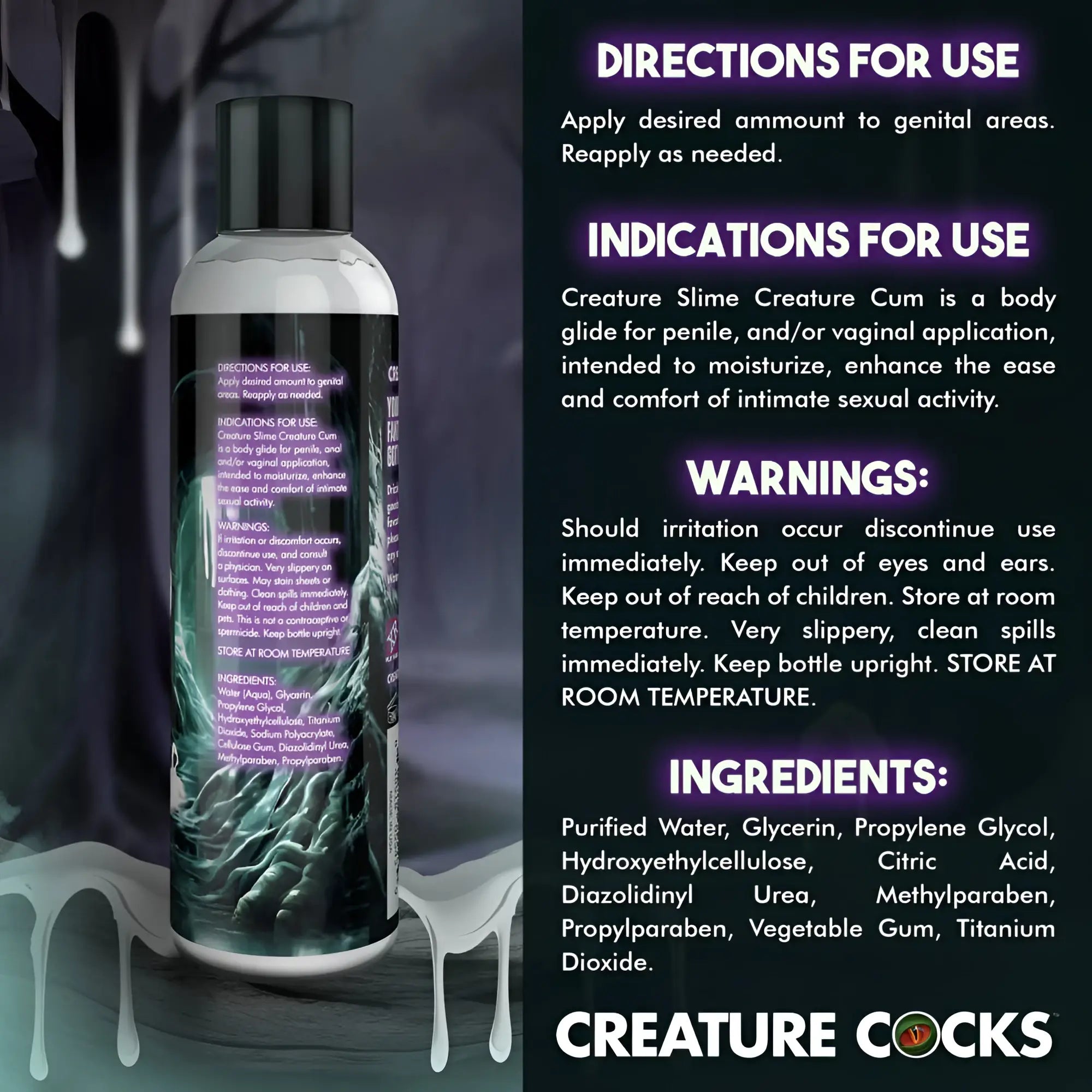 Clear plastic bottle with black cap and dark green creature design label of Creature Cocks unscented lubricant 8oz