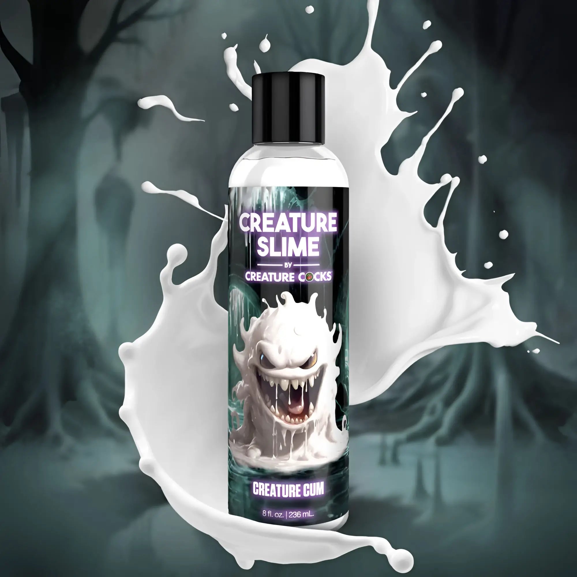 A clear plastic bottle with black cap containing unscented creature cocks creature slime lubricant 8oz with white monster label