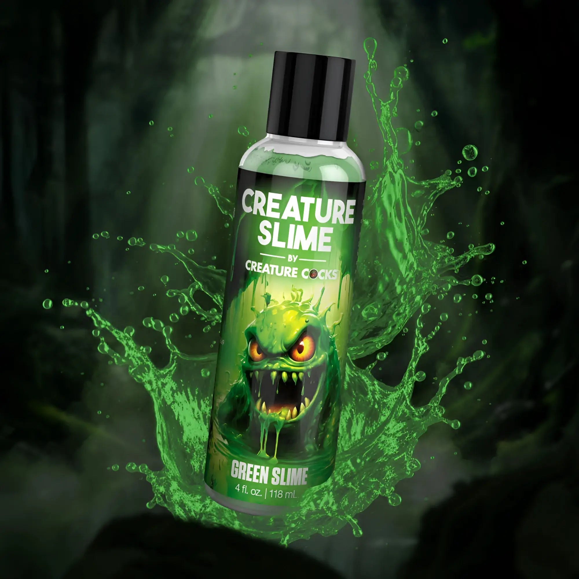 Green slime water based lubricant in a clear plastic bottle with black cap and creature cocks cartoon monster label