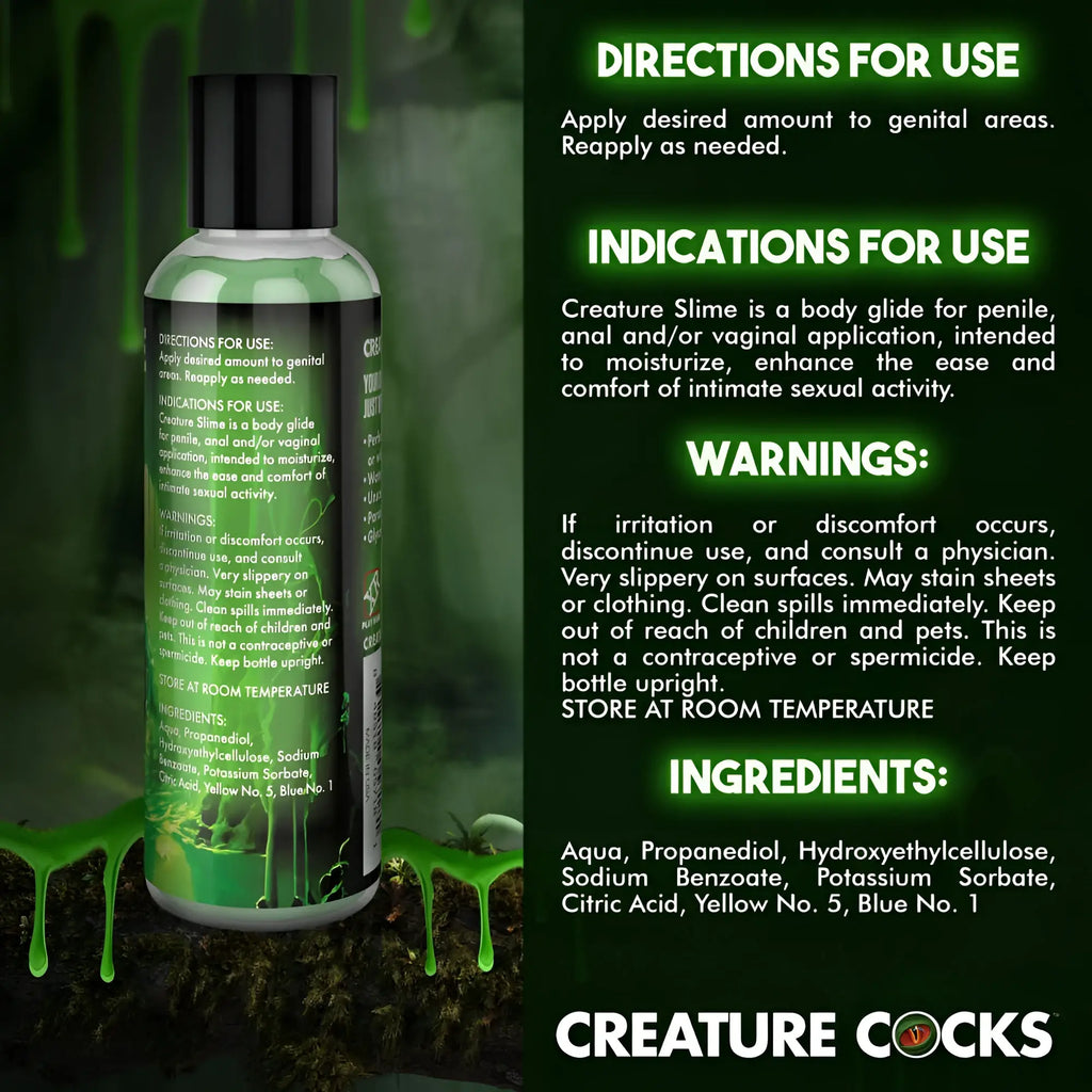 Green gel-like water based lubricant called creature slime by creature cocks in a clear 4oz plastic bottle with black cap