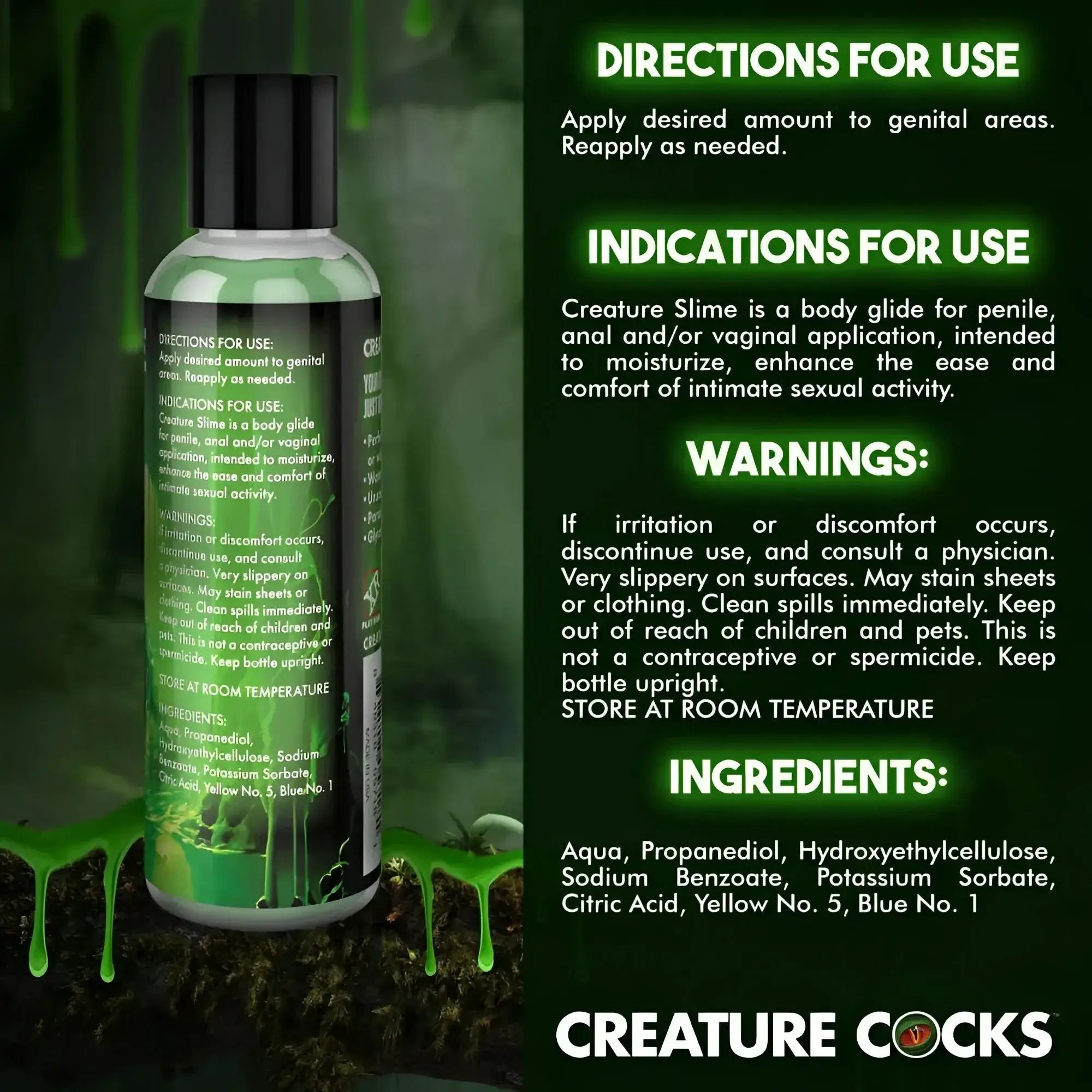 Green gel-like water based lubricant called creature slime by creature cocks in a clear 4oz plastic bottle with black cap