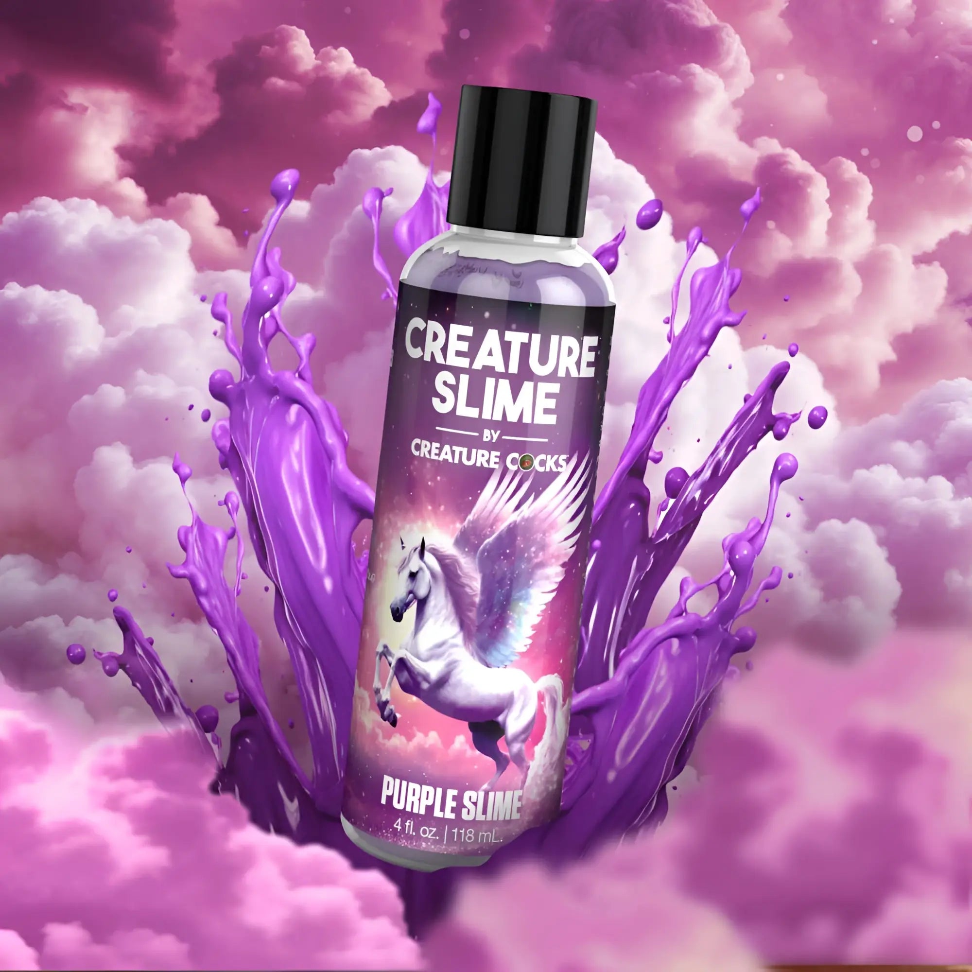 A clear plastic bottle with black cap containing purple Creature Cocks Creature slime water based lubricant 4oz