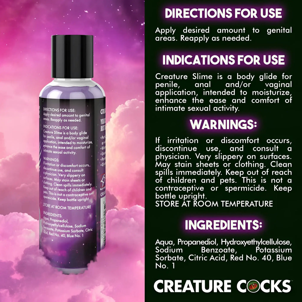 Purple translucent bottle with black cap and label featuring Creature Cocks brand for Creature Slime 4oz lubricant