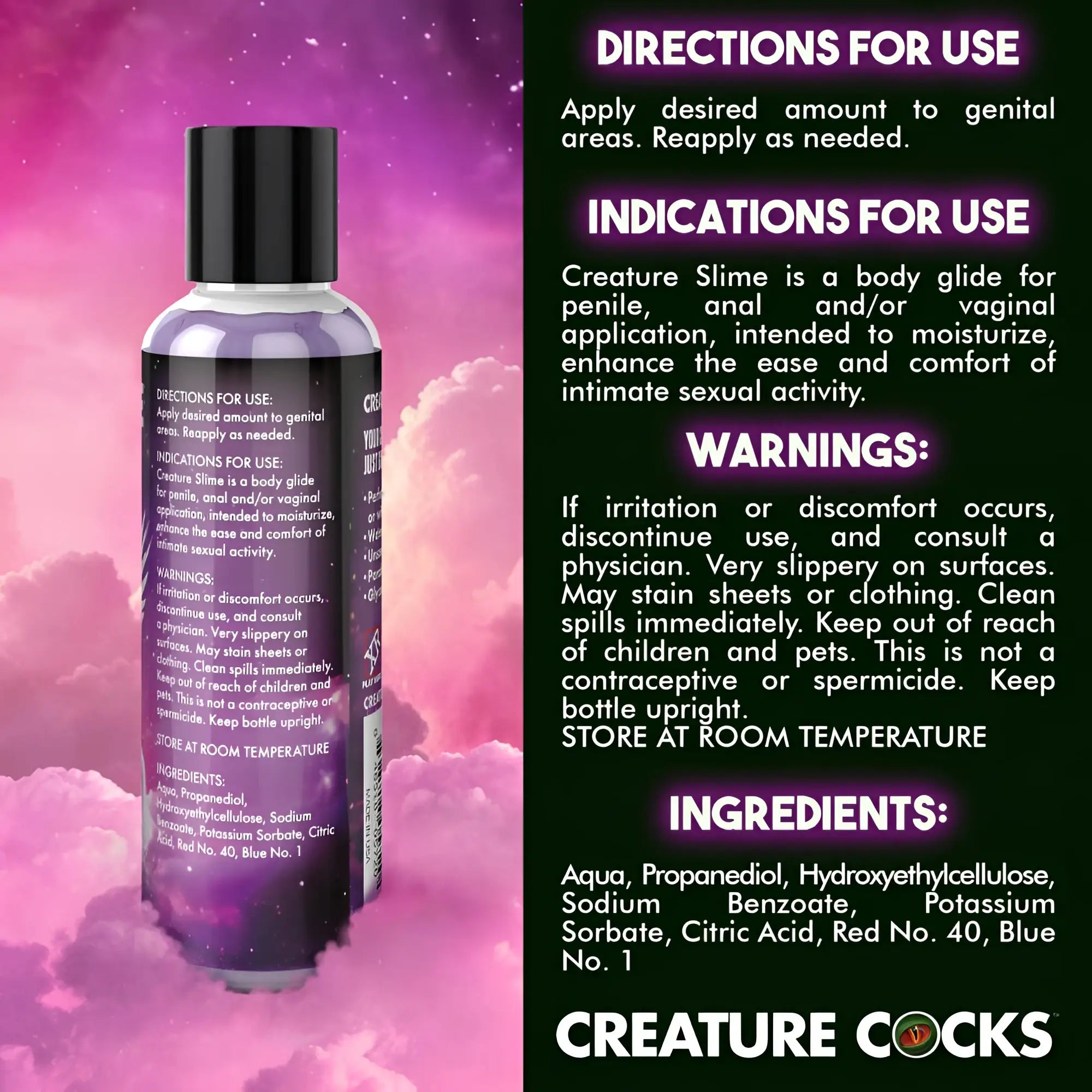Purple translucent bottle with black cap and label featuring Creature Cocks brand for Creature Slime 4oz lubricant