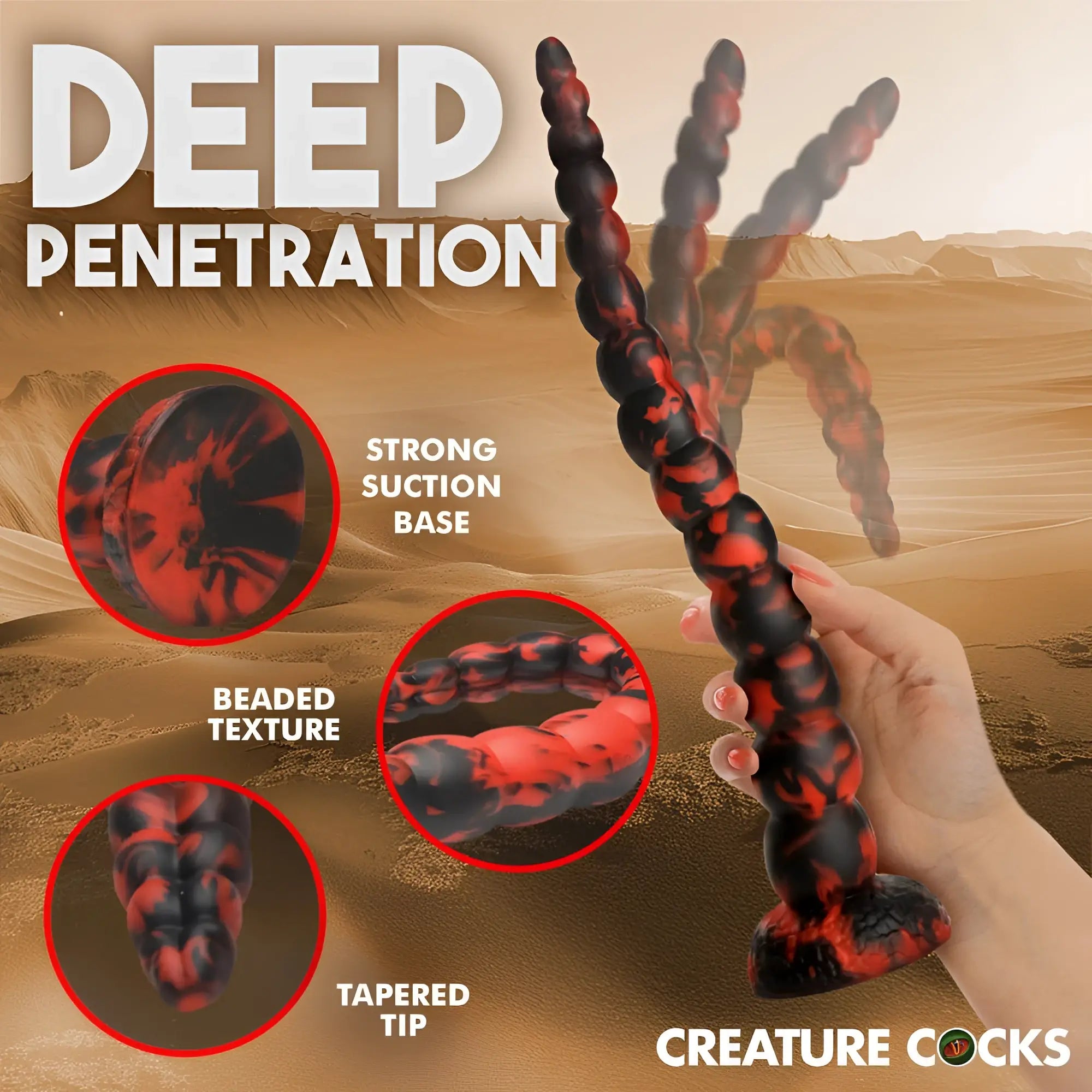Creature cocks stinger silicone dildo is a red and black beaded silicone toy with a tapered tip and strong suction base