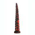 Red and black marbled silicone dildo with segmented spiral design from creature cocks stinger collection