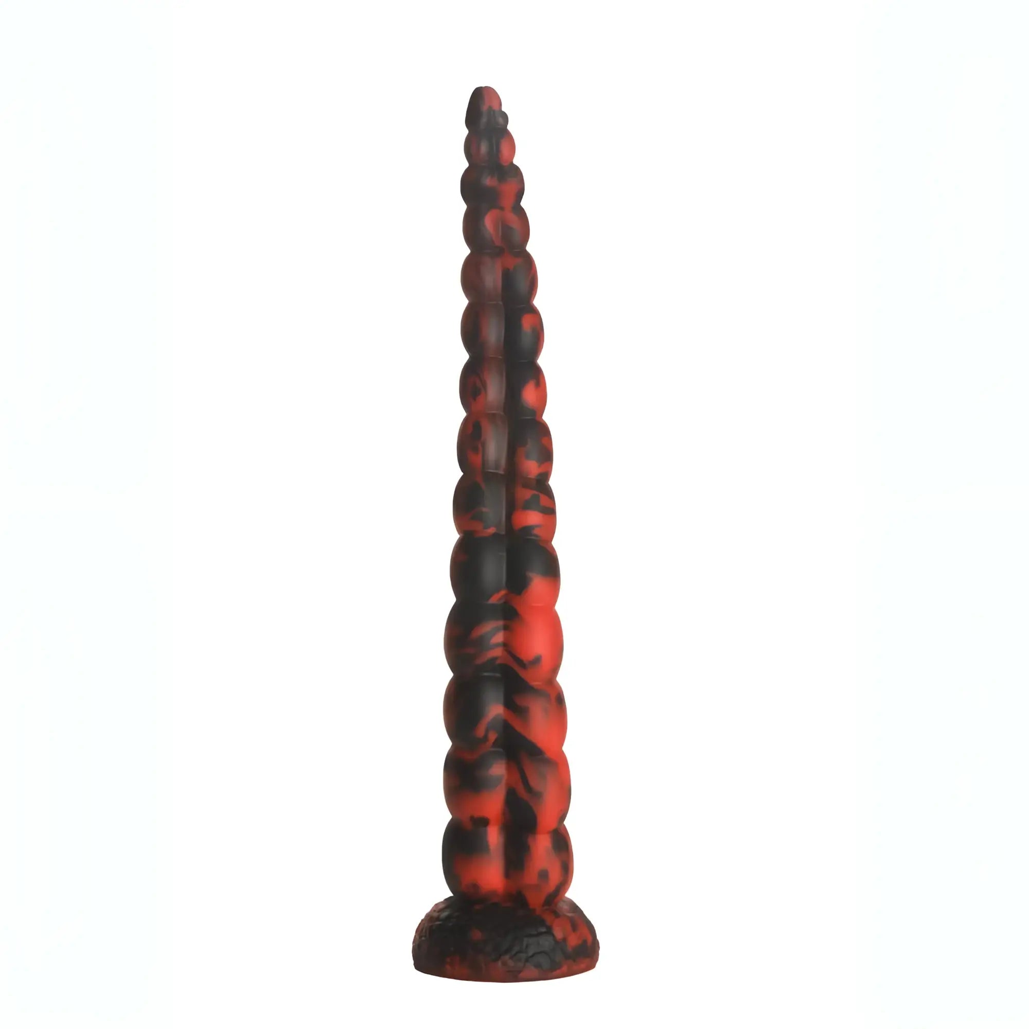 Red and black marbled silicone dildo with segmented spiral design from creature cocks stinger collection