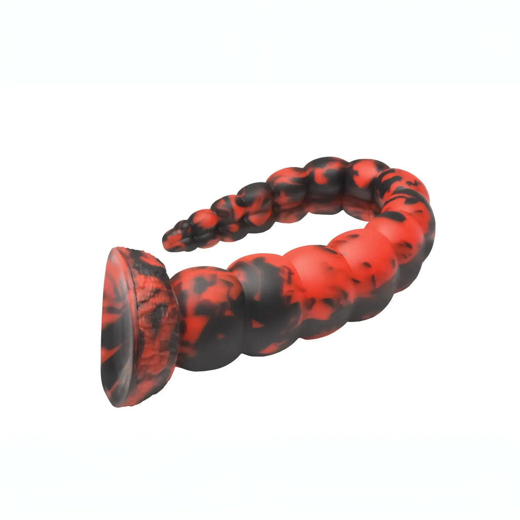 Red and black marbled silicone segmented coiled dildo from creature cocks stinger collection