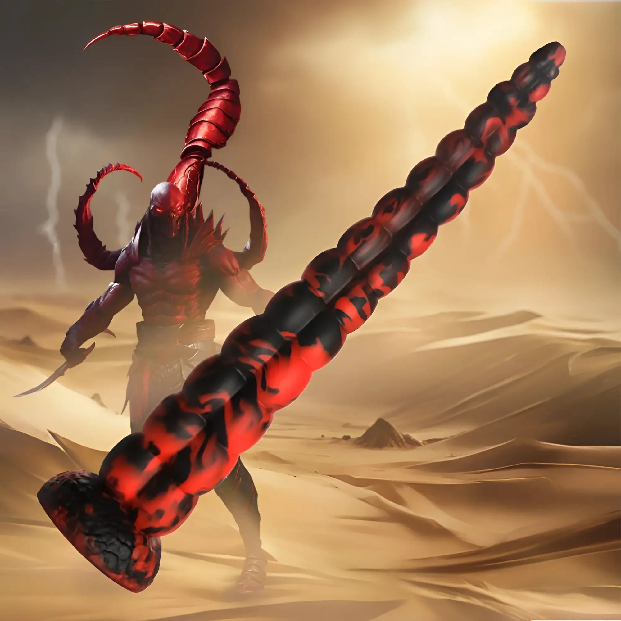 Creature Cocks Stinger silicone dildo featuring a menacing red and black scorpion-themed segmented design with fiery patterns