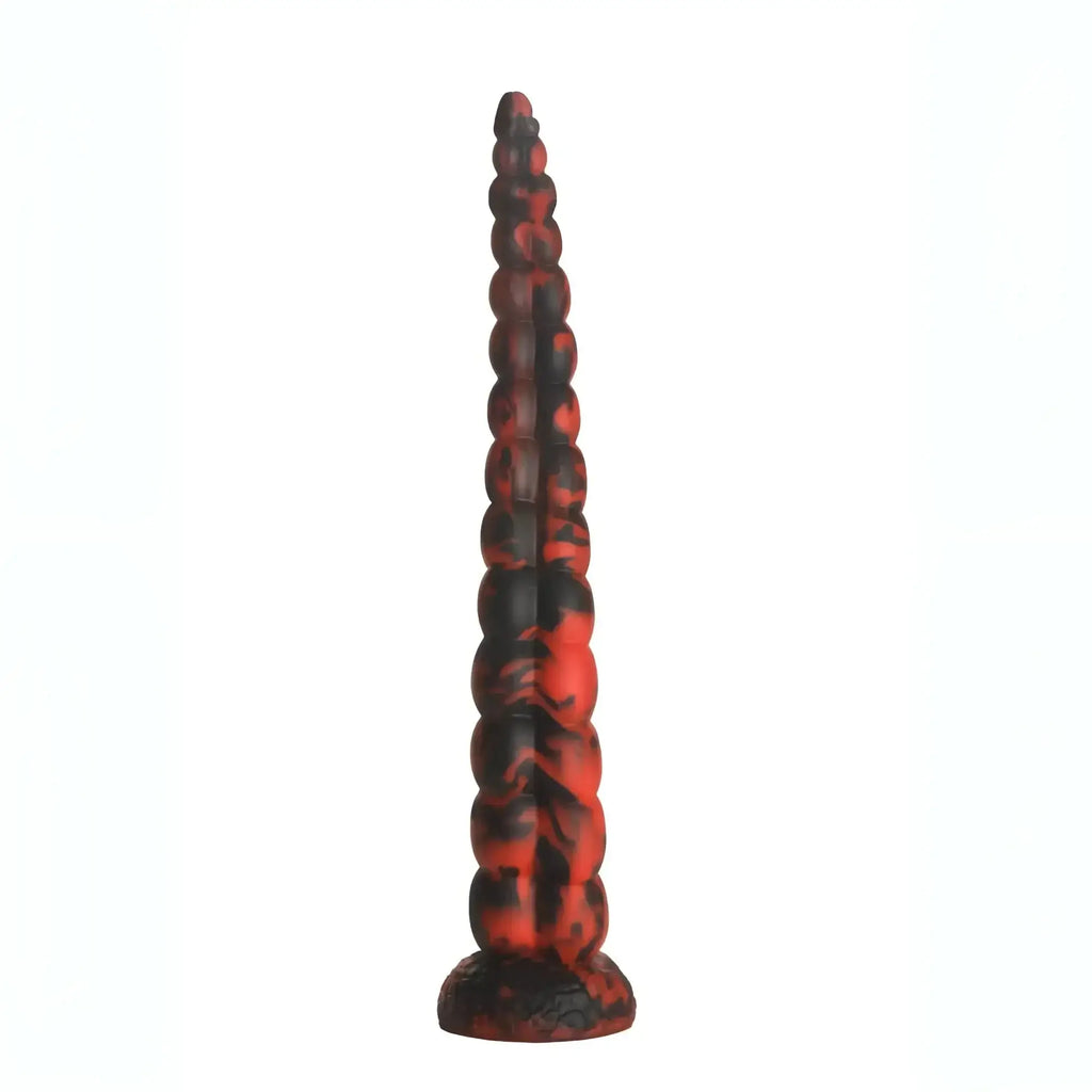Red and black marbled silicone dildo with segmented spiral design from creature cocks stinger collection