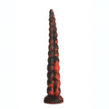 Red and black marbled silicone dildo with segmented spiral design from creature cocks stinger collection