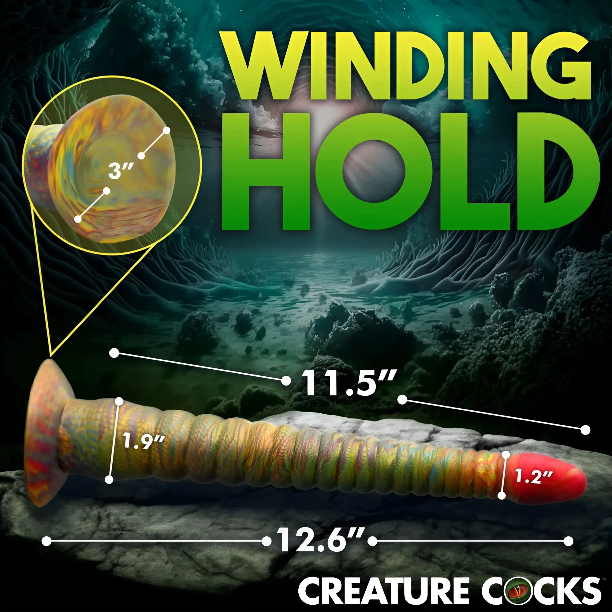 Winding hold creature cocks tenta dick tentacle silicone dildo with iridescent green and orange texture and red tip 12.6 inches long