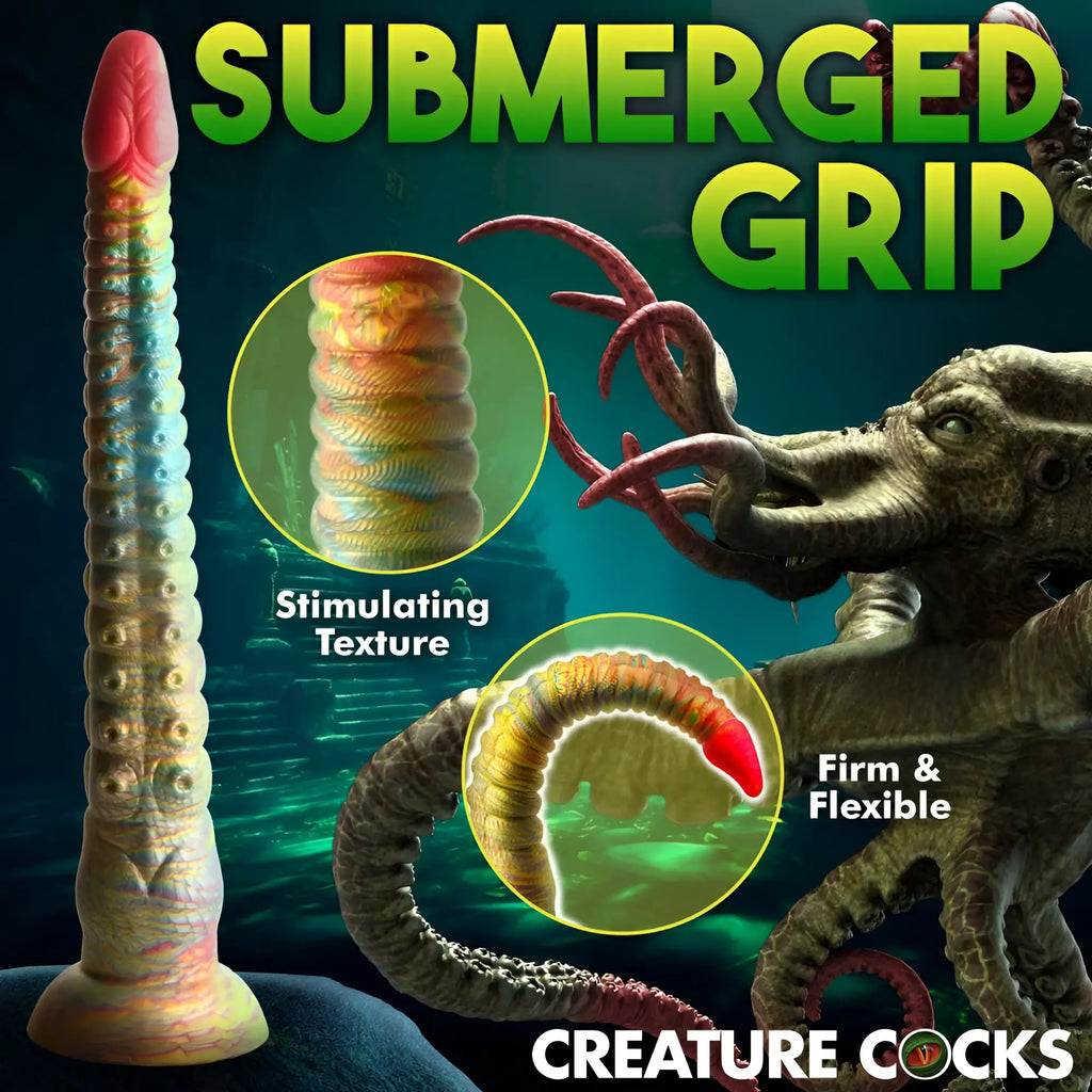 A vibrant iridescent silicone dildo with a textured segmented design resembling an octopus tentacle