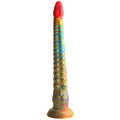A vibrant multi-colored silicone Creature Cocks Tenta Dick tentacle dildo with a textured surface and red tip