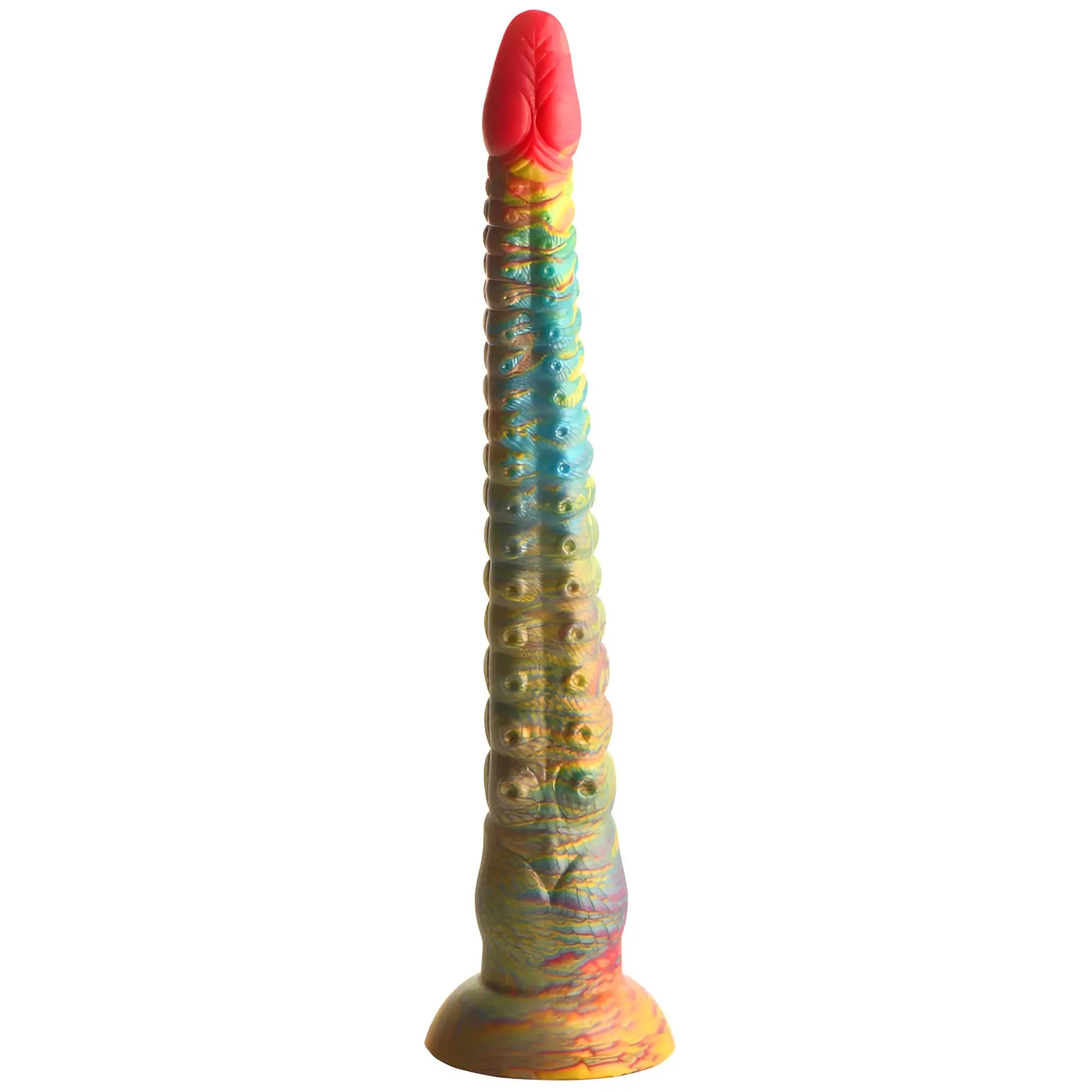 A vibrant multi-colored silicone Creature Cocks Tenta Dick tentacle dildo with a textured surface and red tip