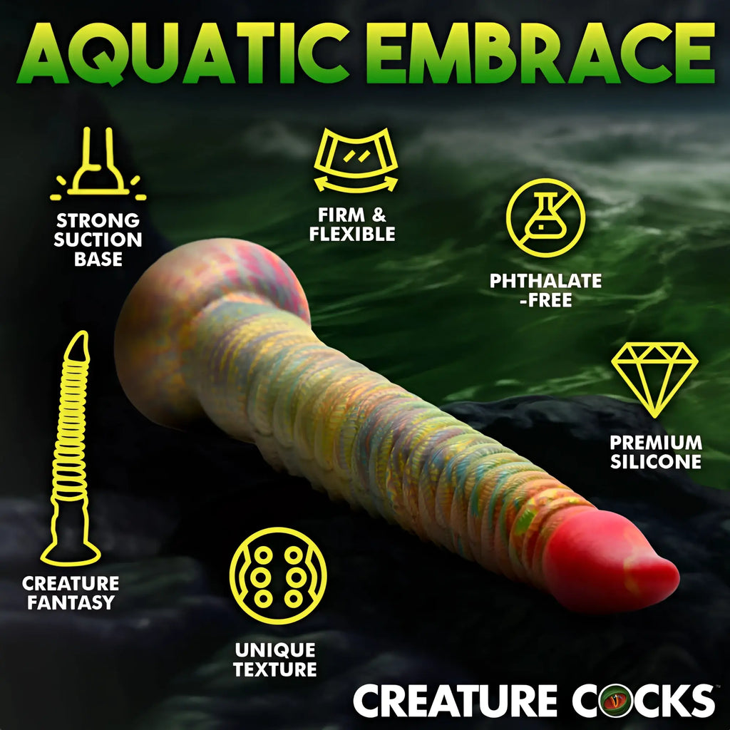A vibrant multicolored silicone dildo with red tip and textured surface from creature cocks tenta dick tentacle