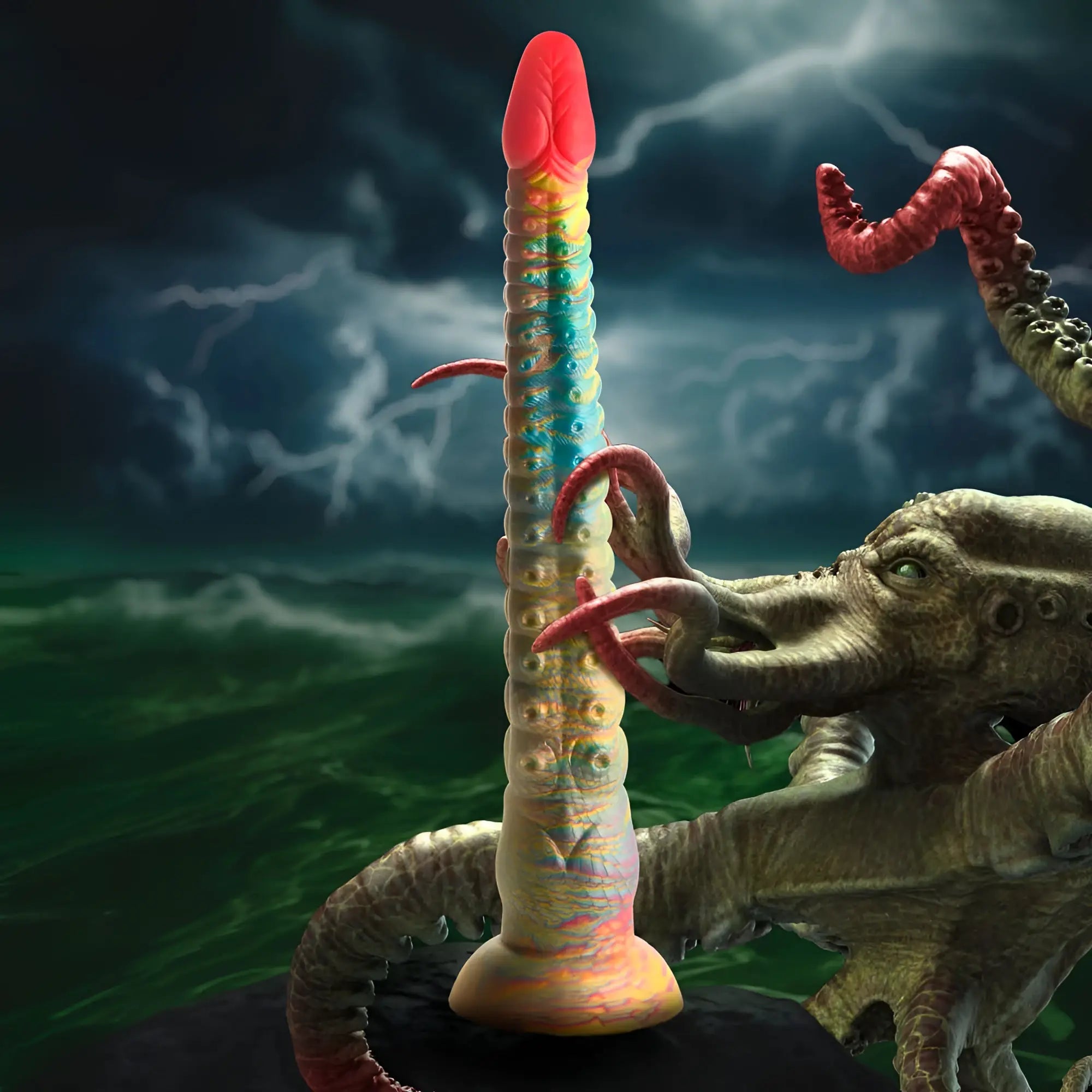 Vibrant rainbow-colored silicone dildo with textured ridges and red tip surrounded by flexible tentacles from creature cocks