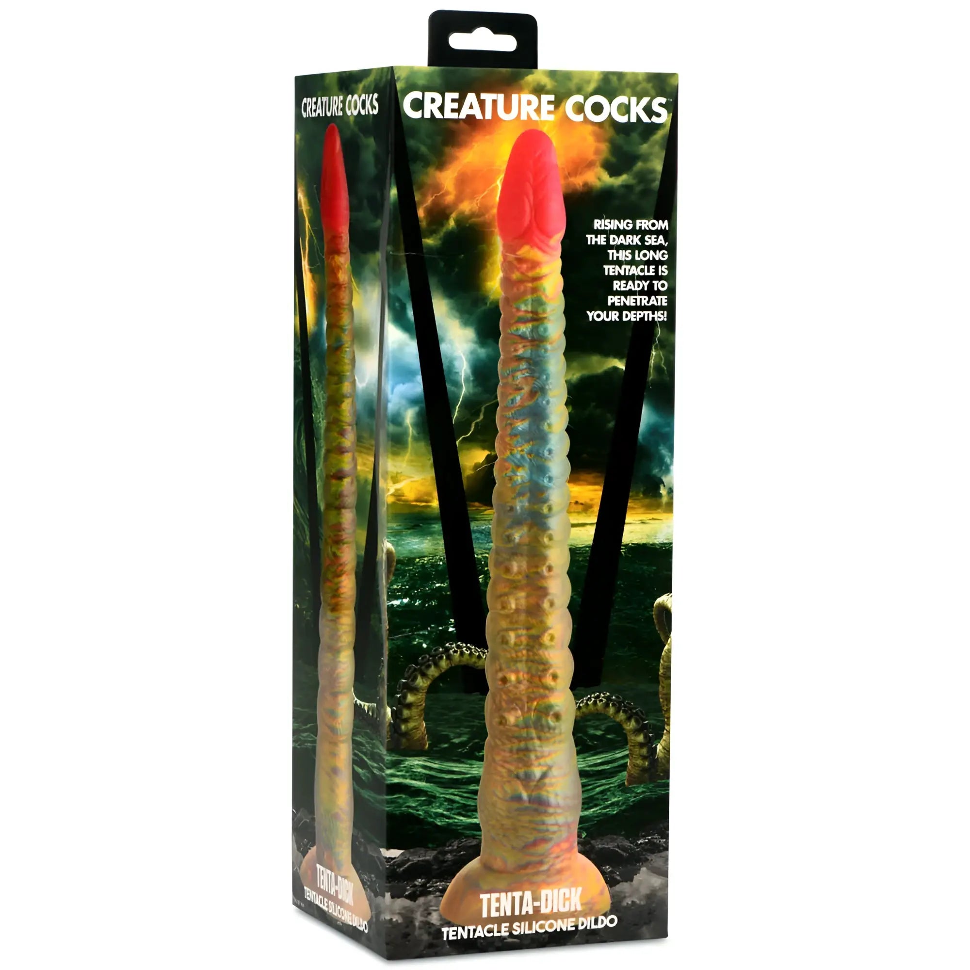 Creature cocks tenta dick tentacle silicone dildo in vibrant red and green with textured tentacle ridges