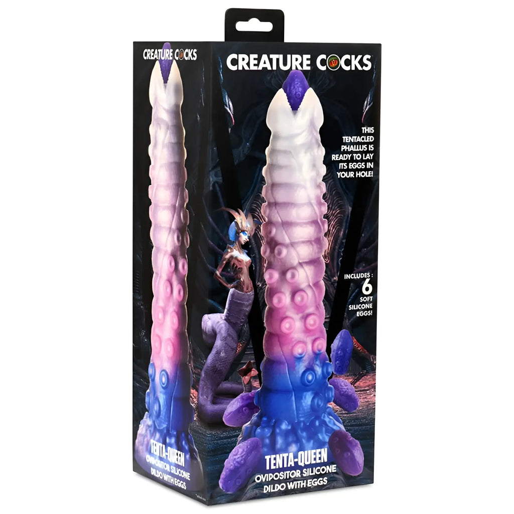 Creature cocks tenta-queen ovipositor silicone dildo with eggs in pink and purple hues textured with tentacle ridges and purple tip