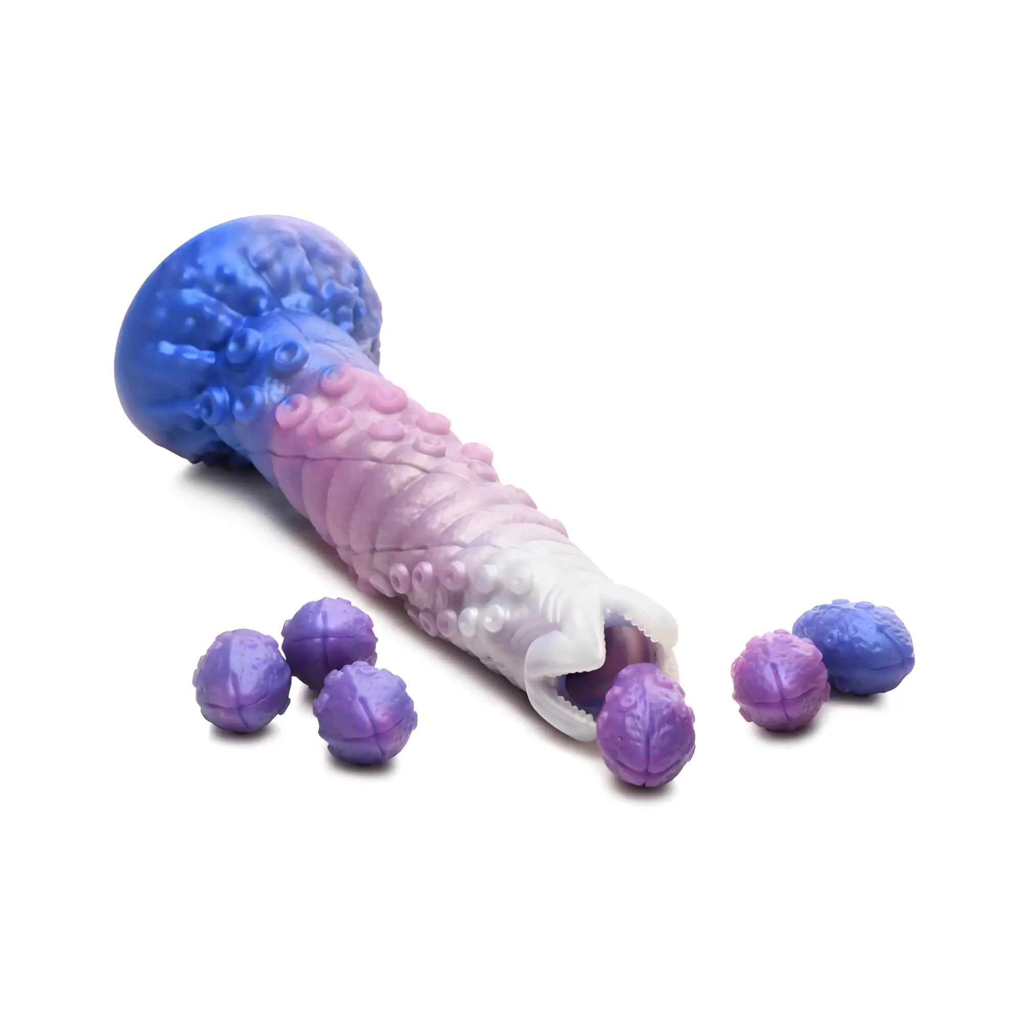 Creature cocks tenta-queen ovipositor silicone dildo in gradient blue to pink with textured worm design and purple egg pieces