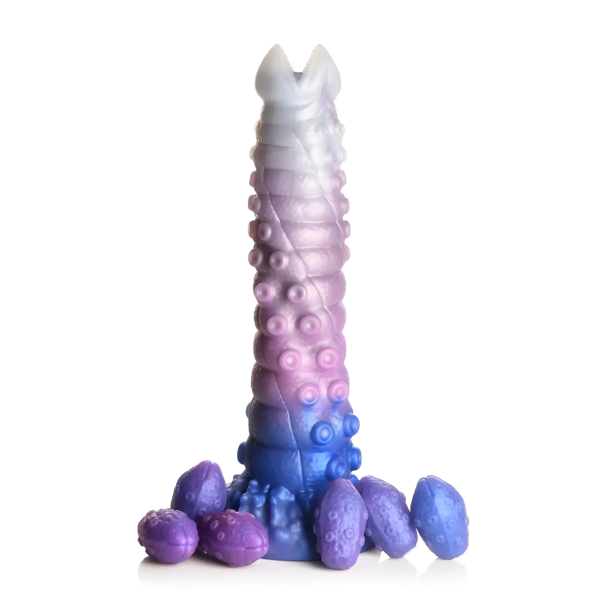 Creature cocks tenta-queen ovipositor silicone dildo in white purple blue gradient with textured suction cup tentacles