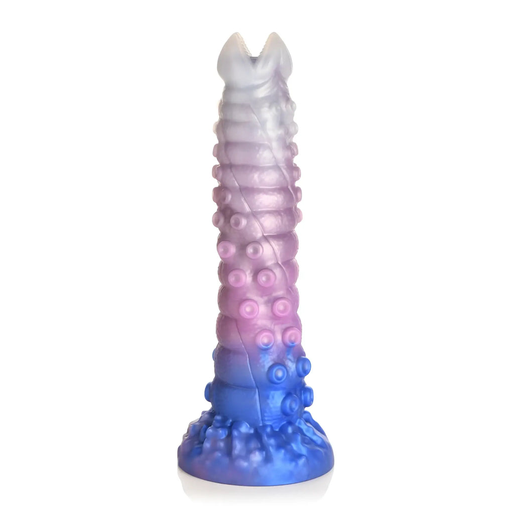Creature Cocks Tenta-Queen Ovipositor silicone dildo with eggs featuring a gradient translucent white pink and blue segmented design