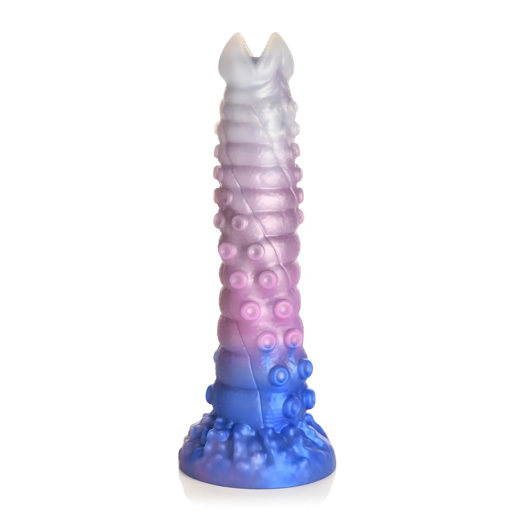 Creature Cocks Tenta-Queen Ovipositor silicone dildo with eggs featuring a gradient translucent white pink and blue segmented design