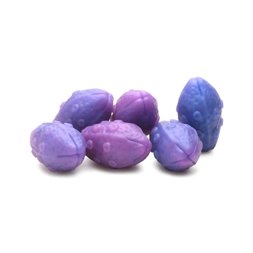 Purple and blue plastic beetle-shaped bath bombs featured with creature cocks tenta-queen ovipositor silicone dildo with eggs
