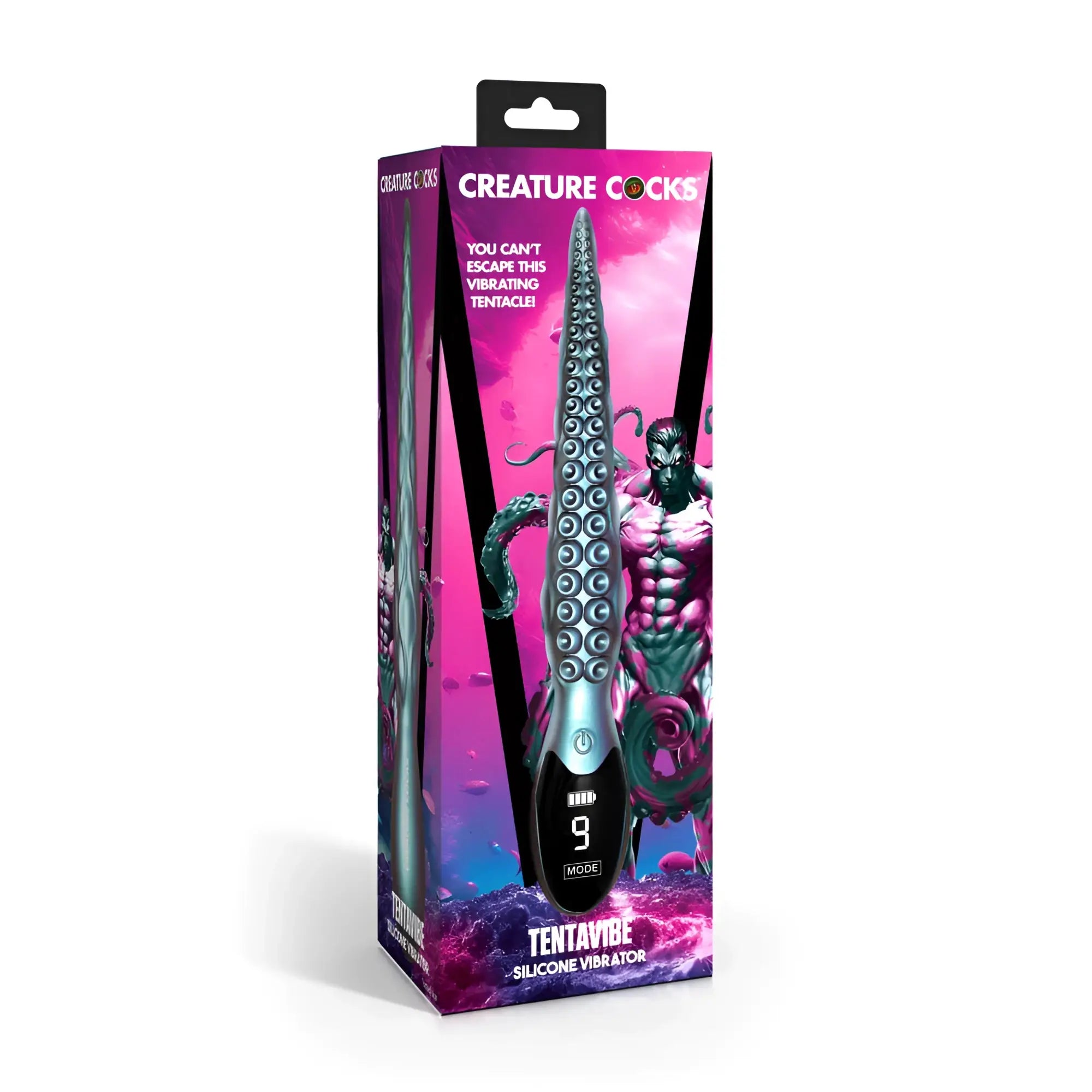Creature cocks tentavibe silicone vibrator resembling an octopus tentacle in metallic silver and teal finish