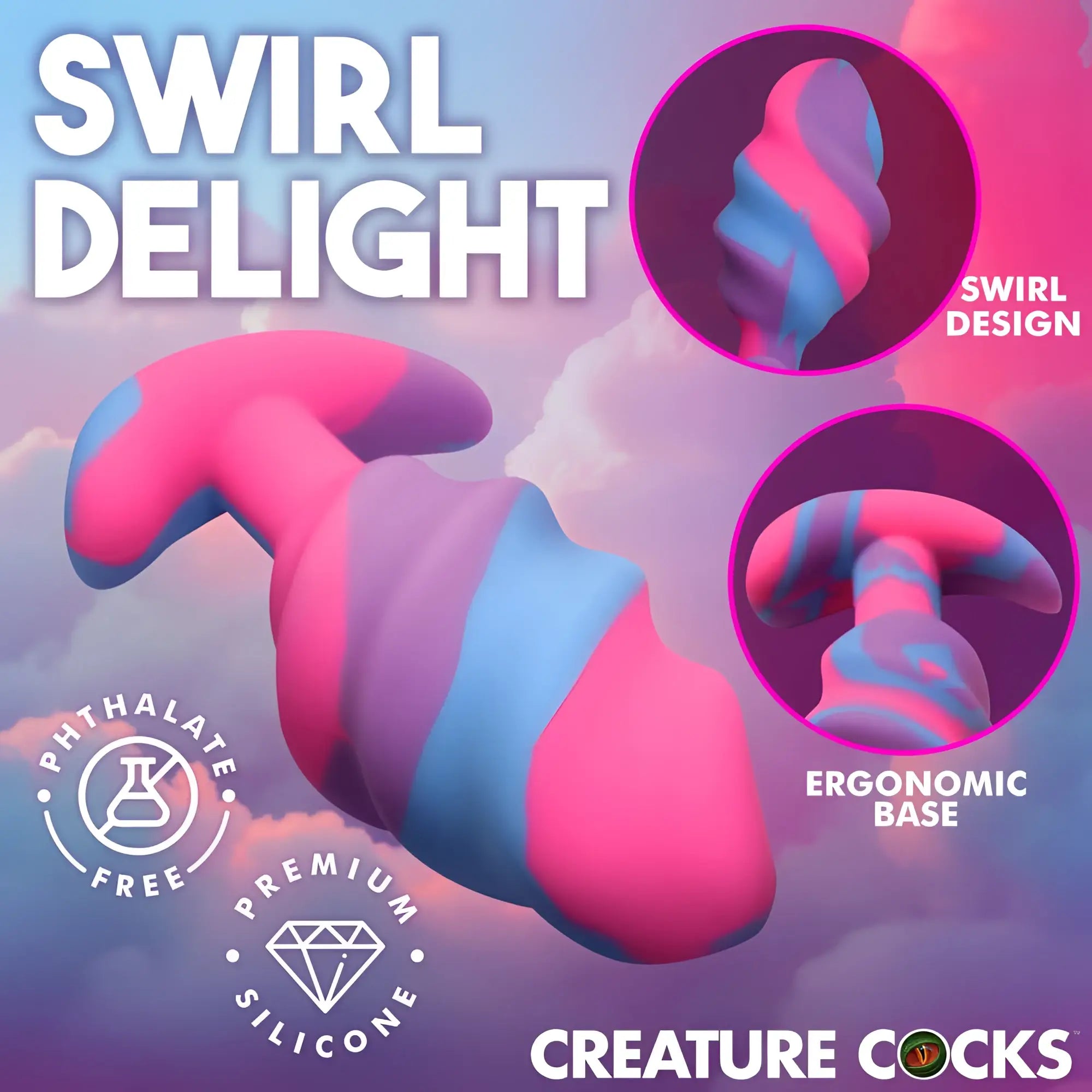 Creature cocks unicorn swirl silicone butt plug large is a vibrant pink and blue ergonomic silicone toy with a swirling design
